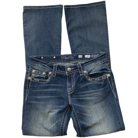 Miss Me Signature Jeans Women Size 28 Bootcut Pockets Rhinestones Whiskers Denim - Picture 5 of 12